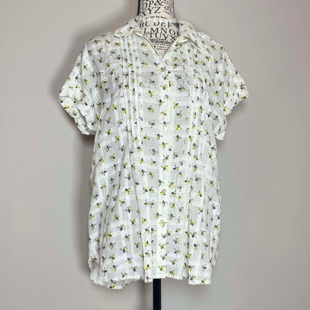 White 100% cotton gauzy bumblebee shirt button down pleated nature honey bees L